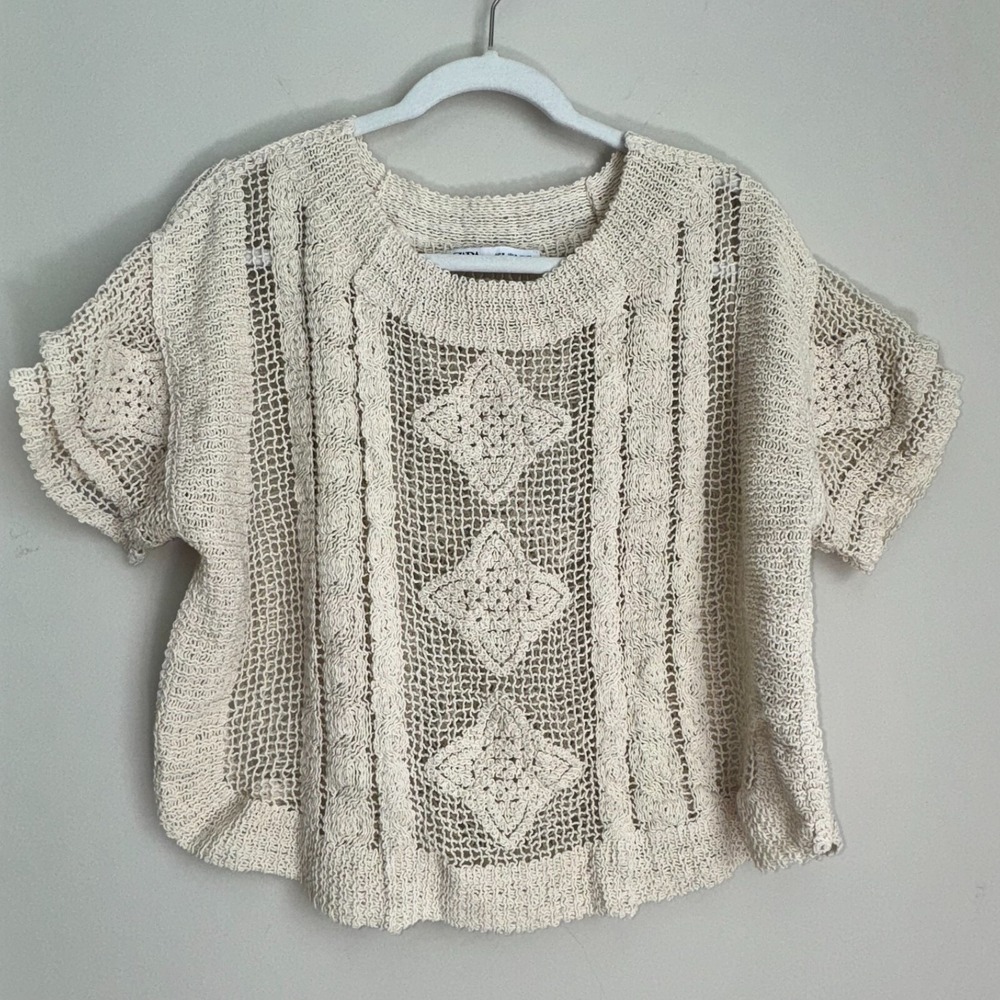 Zara Crocheted Short Sleeve Top Cream Boho Festival Beach Coastal Cowgirl Medium - Picture 5 of 14